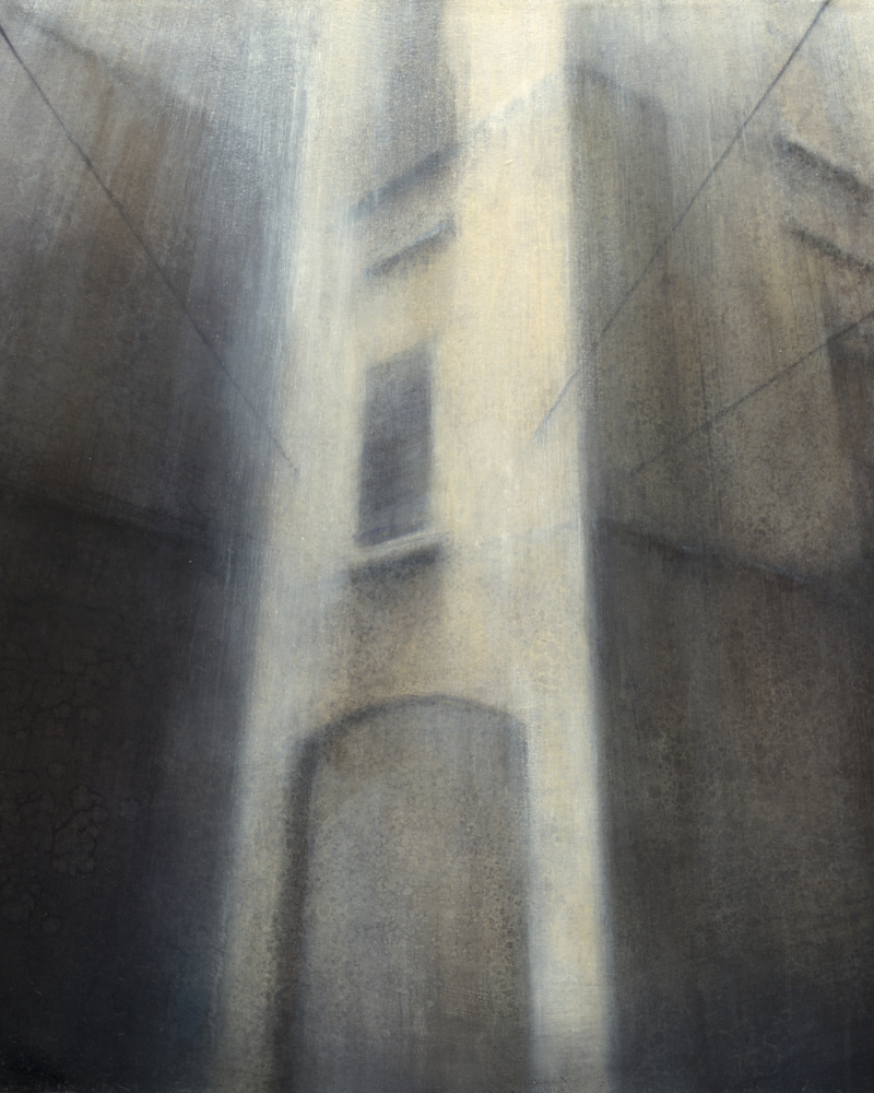 Maya Kulenovic: VEIL OF RAIN, 2013, oil on canvas, 28.5" x 32" (72cm x 81cm). 'Build' Series (Architectural; Cityscape)