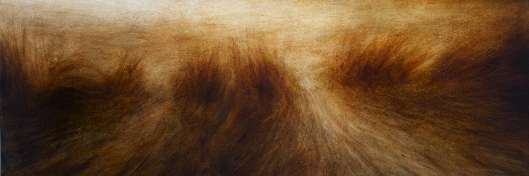 Maya Kulenovic: GRASSLANDS / DOWNSTREAM, 2017, oil on canvas, 40" X 94" (102cm X 238cm). 'Land' Series; 'Grasslands' Series.
